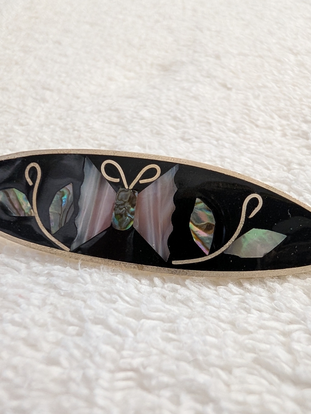 Mexico Alpaca Silver Black Inlaid Butterfly Barrette Hair Clip